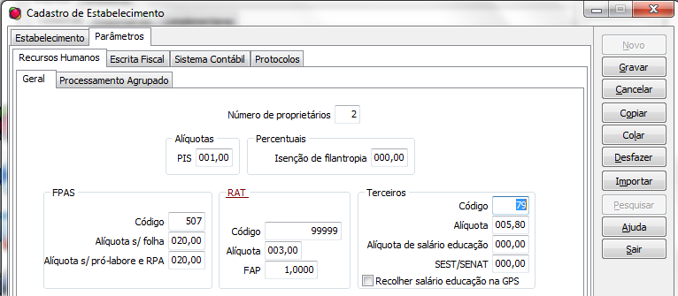 Na guia Parâmetros / Recursos Humanos / Geral, deve-se revisar as alíquotas e os códigos informados.