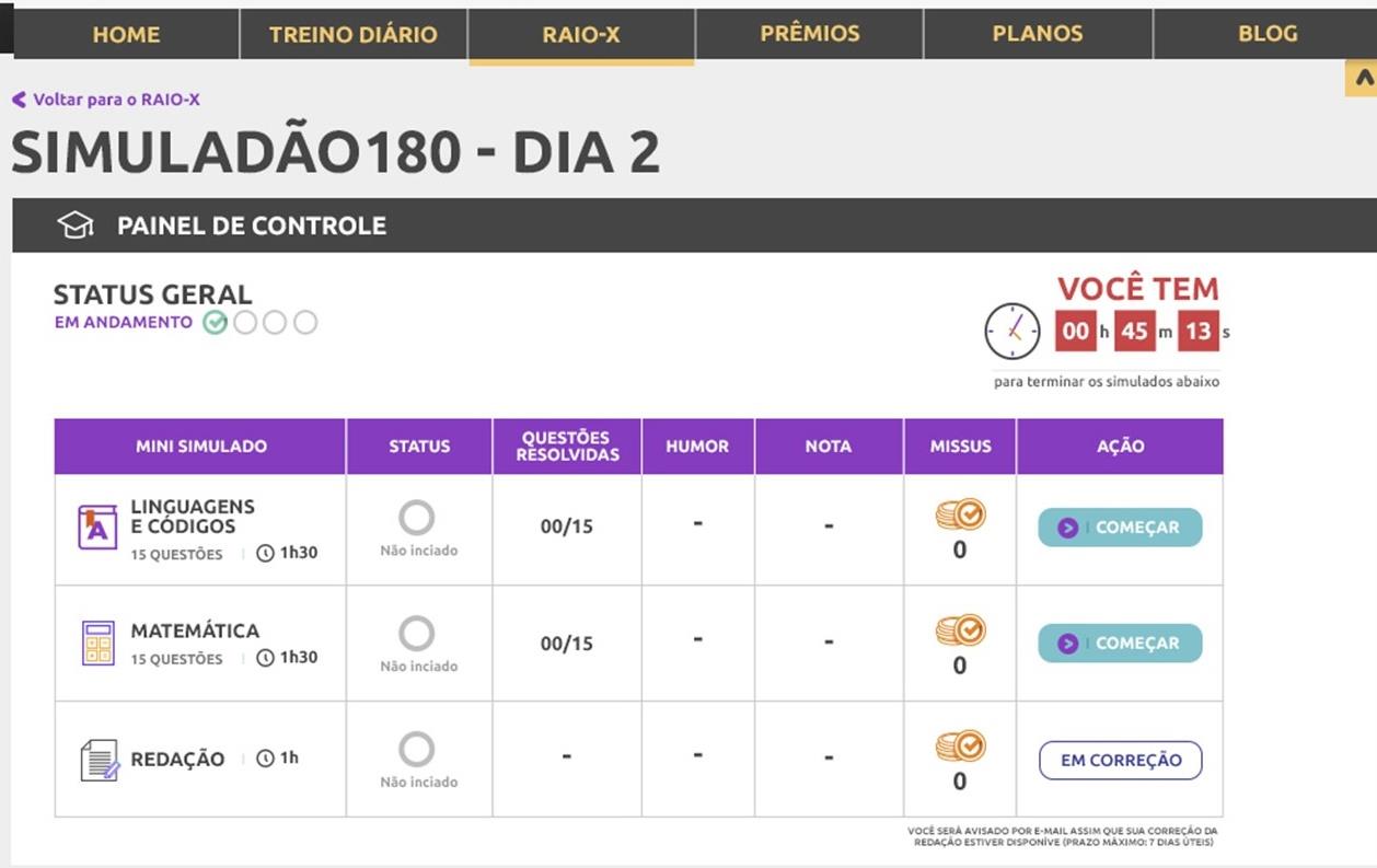 A INTERFACE DO SIMULADO CONTINUA A MESMA E SUPER FÁCIL DE USAR ;) A organização permanece no Painel de Controle, com as seguintes diferenças: Um tempo corrido para toda a prova,