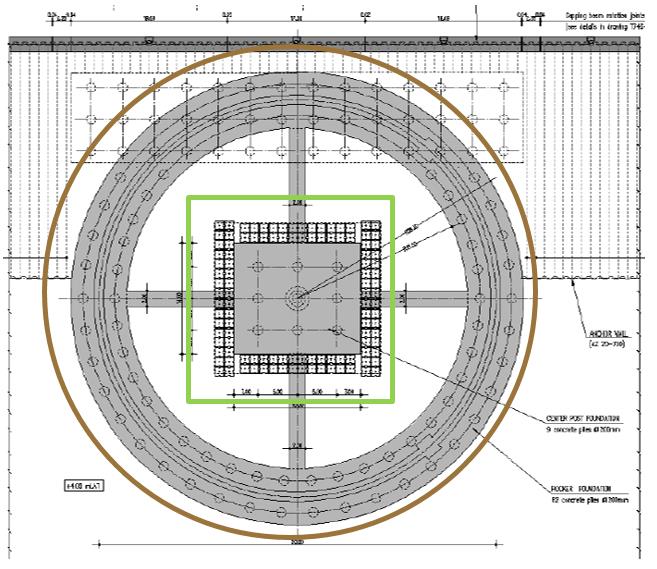 3 ESTRUTURA DE FUNDAÇÃO DA GRUA Descrição da Estrutura Maciço de fundação do carrinho de rolamento Maciço em forma de anel com 43.00m de diâmetro interno e 57.00m de diâmetro externo, com 2.
