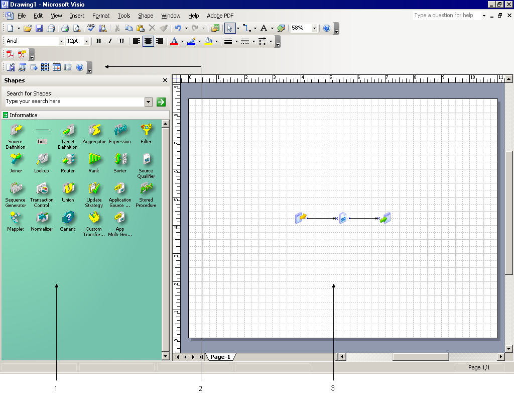 A figura a seguir mostra a interface do Mapping Architect for Visio: 1. Informatica Stencil 2. Barra de ferramentas da Informatica 3.