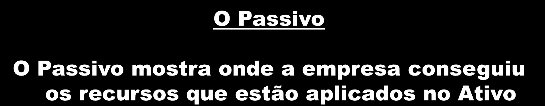 O Passivo O Passivo mostra onde a empresa conseguiu os recursos que estão aplicados no Ativo BALANÇO PATRIMONIAL ATIVO PASSIVO Caixa...1.