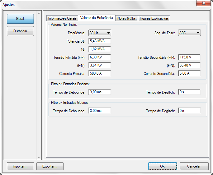 5.3 Valores de Referência INSTRUMENTOS PARA TESTES ELÉTRICOS Na tela abaixo são ajustados os valores de frequência, sequência de fase, tensões primárias e secundárias e as correntes primárias e