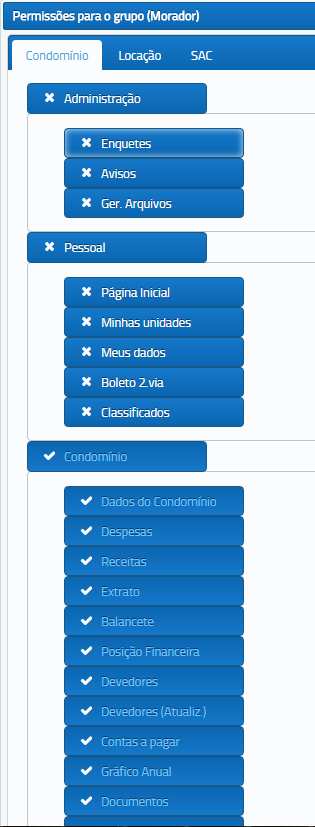 02 - Permissões de acesso: Módulo>Administração>Cadastro>Grupos Acesso somente para usuários da administradora: Módulos > Administração Menu> Cadastros> Grupos Nessa tela o administrador irá marcar