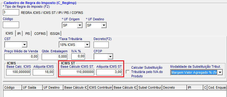 Configurar Impostos dos Produtos - ICMS ST Informe a Base de Cálculo do ICMS ST e a Alíquota de ICMS ST deste produto.