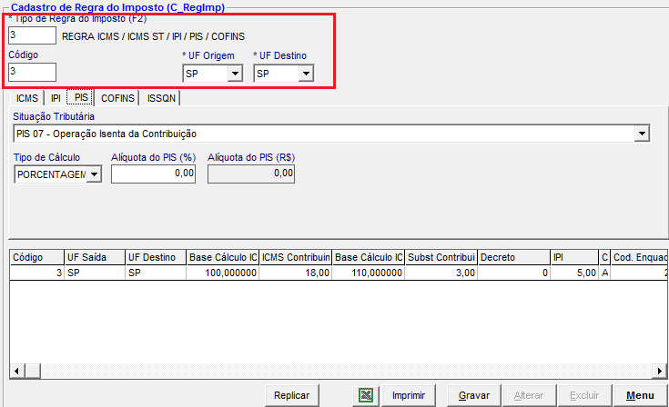 Configurar Impostos dos Produtos PIS Informe o Tipo de Regra de Imposto ;