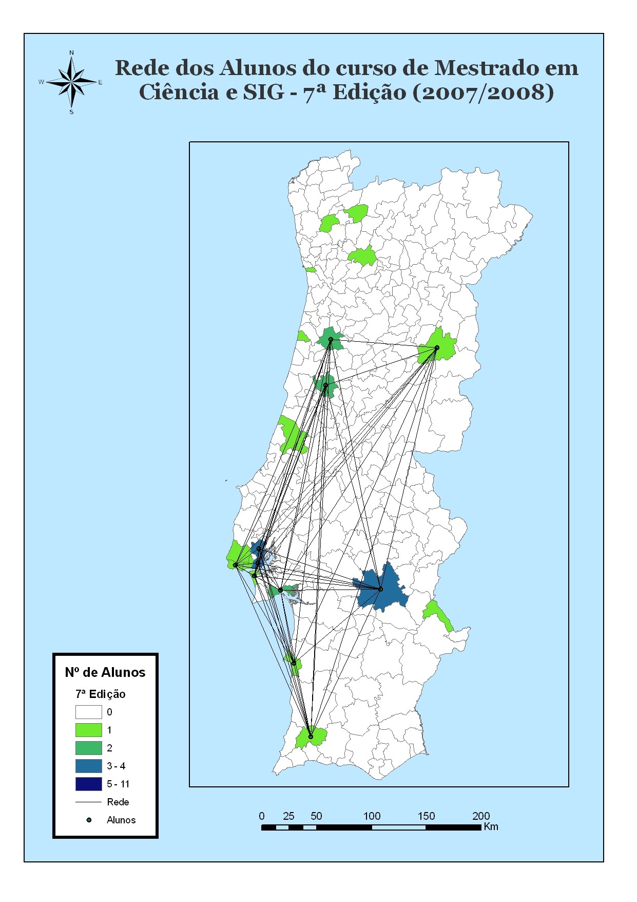 488 Miguel Peixoto, Marco Painho, Roberto Henriques, Miguel Neto, Ana Maria Correia Figura 4 Mapas com a localização dos alunos da 7ª Edição do MSc em C&SIG e respectivas distâncias euclidianas.