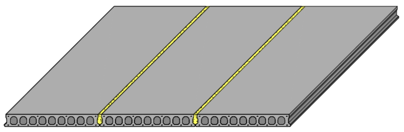 Na sequencia de execução é necessário o fechamento das juntas entre painéis com concreto fino ou graute consolidando os painéis.