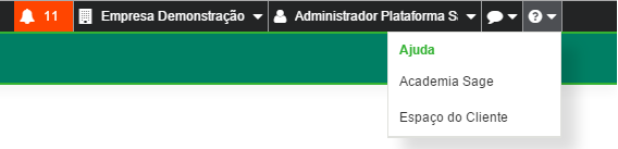 Por fim, no canto superior direito, é possível acessar opções de ajuda. Opções: Academia Sage: possibilidade de acesso a vídeos de treinamento.