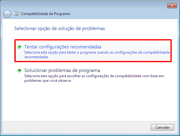 Na tela "Compatibilidade de Programa", clique em: "Tentar configurações
