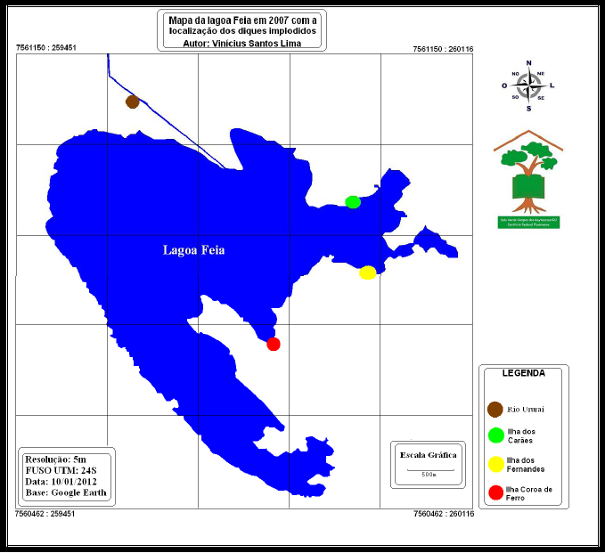 Figura 4: Mapa da lagoa Feia em 2007 com a localização dos diques implodidos. Fonte: LIMA, 2012.