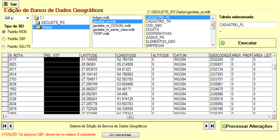 A figura 25 mostra a rotina de edição de bancos de dados geográficos com a seleção de uma tabela de cadastro de produtores de leite.