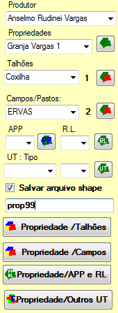 1. Selecionar o produtor rural 2. Selecionar a popriedade rural - Opção de visualizar 3. a) Selecionar o talhão - Opção de visualizar 3. b) Selecionar o campo/pasto - Opção de visualizar 3.