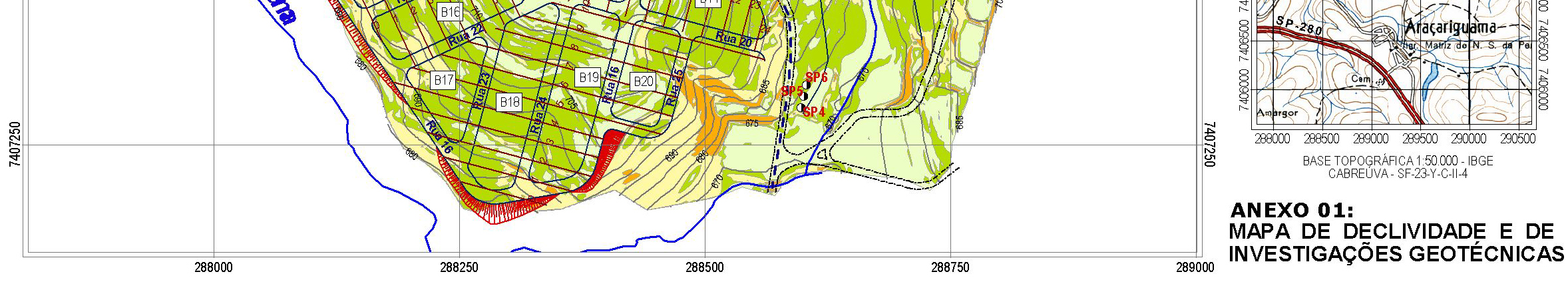 4.2 Caracterização Geotécnica de Detalhe A caracterização geotécnica de detalhe foi realizada considerando-se o levantamento topográfico feito na área do empreendimento (curvas de nível de 1,0 m), a