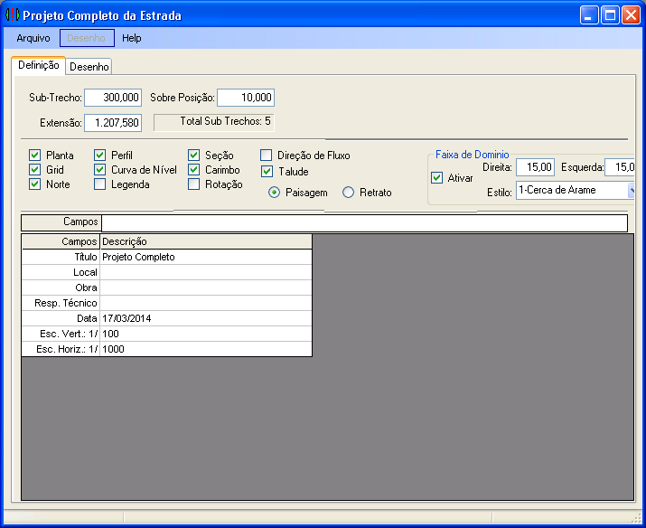 Página 63 de 83 Projeto Completo da Estrada Definição Na guia Definição, informe o comprimento do Sub-Trecho e Sobre Posição, habilite os Elementos que você queira que apareça no Desenho, ative a