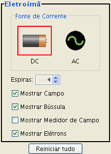 No caso de tensão alternada (AC), é possível variar a amplitude e a frequência entre 0 e 100% e verificar o resultado através do movimento da bússola.