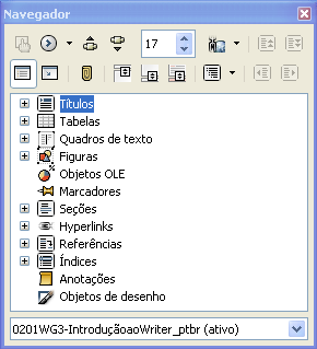 O Navegador lista todos os títulos, tabelas, quadros de texto, gráficos, marcadores, e outros objetos contidos em um documento.