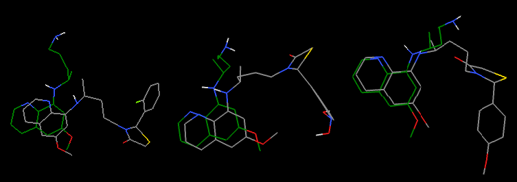 Resultados Ancoramento Molecular Rígido Analisou-se os resultados para cada composto por meio dos clusters formados e por comparação com a conformação da Primaquina ancorada na estrutura cristalina