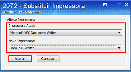 4. Substituir Impressora Para realizar o processo de substituir impressora, efetue os seguintes procedimentos: 4.1 Acesse a rotina 2072, na aba Relatório, marque a opção Subst. Impressora; 4.