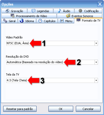 Em "Formato de TV", você pode selecionar PAL e NTSC (esse último usado no Brasil) [1], como também ajustar a