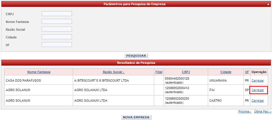 Empresa O menu Empresa é disponibilizado para consulta, cadastro e alteração de