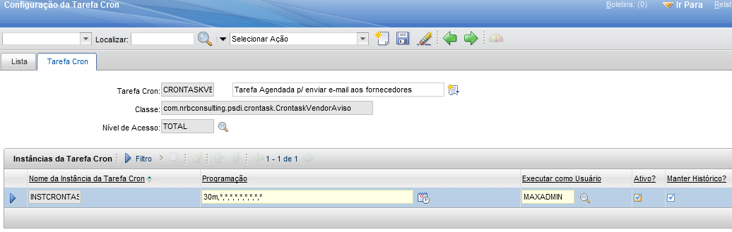 ID: 10265 Página 4 de 12 3. Busque pela tarefa cron CRONTASKVENDORAVISO Click no nome da tarefa cron para entrar na tela de configuração. 4. Na tela de configuração da tarefa cron, na seção instâncias da tarefa cron vai ter uma linha e nela uma caixa com a descrição Ativo?