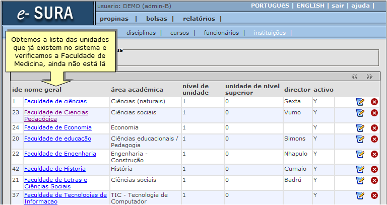 2. Registar informação sobre unidades orgânicas (faculdades, departamentos, etc...).