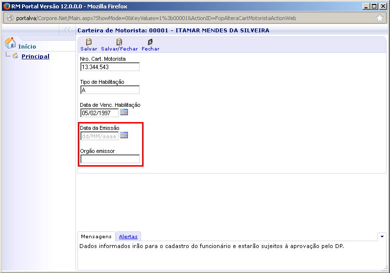. Os campos Data emissão e Órgão Emissor estão habilitados para edição.