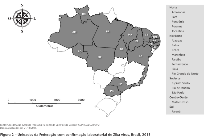 SITUAÇÃO EPIDEMIOLÓGICA DO ZIKA VÍRUS Brasil: Até a SE 45, 14/11/2015, foram confirmados laboratorialmente casos de Febre do Zika em 18 Estados.