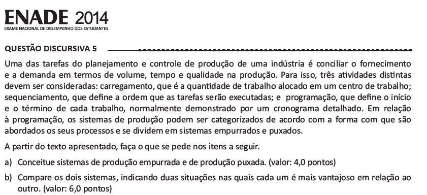 PADRÃO DE RESPOSTA a) O sistema de produção empurrada consiste em produzir para estoque, se preocupando em manter o processo de baixo custo.