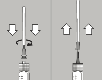 Introduza a agulha na parte central da tampa de borracha do frasco-ampola e, então, empurre o êmbolo para injetar o diluente no frasco. Passe imediatamente para o procedimento seguinte (n 8).