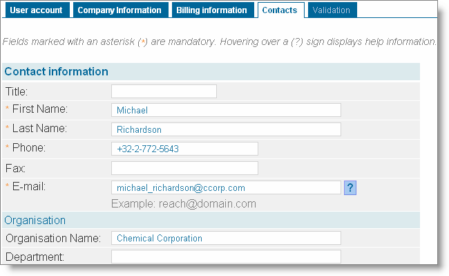 24 REACH-IT Manual de Utilização para a Indústria Versão: 1.1 Figura 16: Página Contactos É apresentada a página <Contacts>.