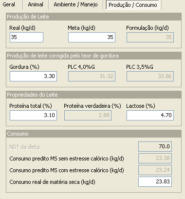 Pasta Produção/Consumo Produção de leite a. Produção de leite: Existem duas opções Real (kg/d) e Meta (kg/d). Informe a produção de leite desejada e a meta.