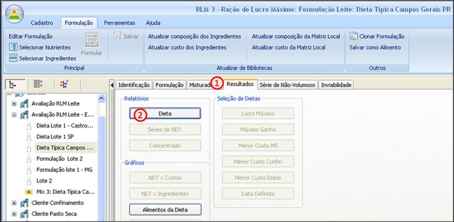 4 RESULTADOS A guia Resultados compreende os relatórios, gráficos e a seleção de dietas em função do objetivo de otimização. Esses resultados apresentam as características da formulação.