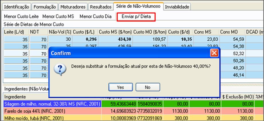 4.6 Painel de Preço de Inclusão e Preço de Exclusão O painel de Preço de Inclusão e Preço de Exclusão exibe os níveis de inclusão dos ingredientes na formulação, o preço, o preço de inclusão e o