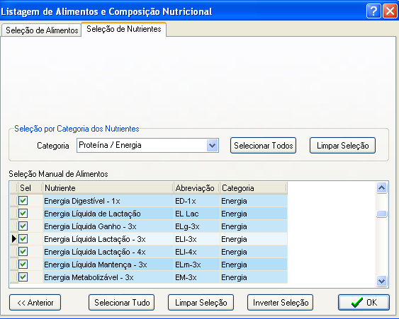 Selecione os alimentos que serão exibidos na listagem, marcando ou desmarcando o campo Sel.