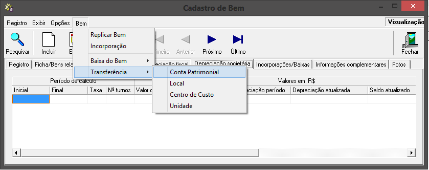 9.9 Menu Bem No menu Bem é possível utilizar as opções Replicar bem, Incorporação, Baixa do Bem e Transferência já na mesma tela de cadastro do bem.