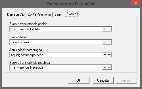 10.4 Aba - Evento Permite a definição dos itens Evento transferência cedida, Evento baixa, Aquisição/Incorporação e Evento transferência recebida. 11. Movimentação do bem transferências.