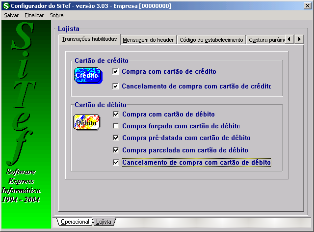 3.3.2. Opção Lojista Esta opção permite configurar dados referentes a transação a ser executado no PDV, e cadastrar o código de estabelecimento fornecida pelas Instituições Financeiras.