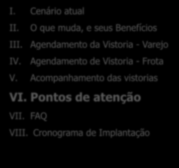 Objetivo Apresentar os novos procedimentos para agendamento da vistoria prévia Agenda I. Cenário atual II. O que muda, e seus Benefícios III.