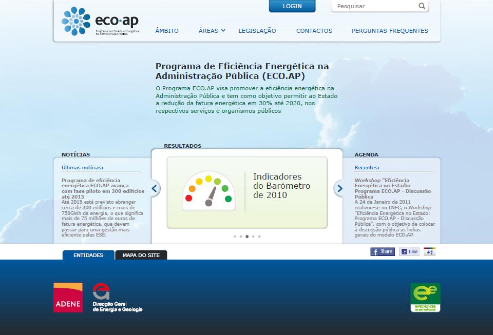 tem como sub-menus: GLECC; Barómetro; ESEs; Iluminação Pública (não vísivel); Certficados brancos (não visível) APRESENTAÇÃO Introdução/ apresentação do ECO.