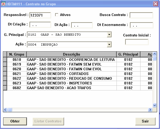 Figura 1 Tela do gerenciador de contratos referente aos grupos de contratos do GAAP Serra Talhada O banco de contratos completo é enviado através de e-mail para a unidade de planejamento de cobrança