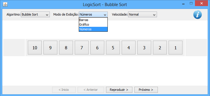 Figura 4 - Interface do LogicSort A interface do LogicSort contém 3 elementos básicos: Uma barra de propriedades, uma barra de navegações e um painel de exibição do conteúdo.