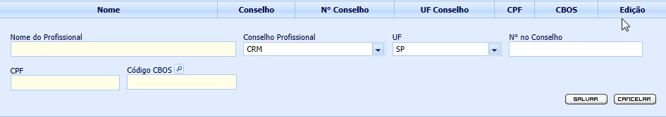 8 5. CADASTRANDO PROFISSIONAIS Clique no botão (Cadastro Profissionais) para efetuar o cadastramento do seu corpo clínico. Será exibida a tela mostrada na Figura 6 abaixo.