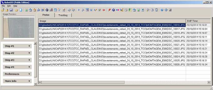 Figura 49 Vista da Janela do ROBOGEO, usado para extrair o instante de tomadas das fotos.