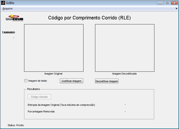 65 imagem ou taxa máxima de compressão e a porcentagem removida. O campo Tamanho caracteriza a imagem a ser codificada. Figura 5.827 Tela de RLE (GUIRle.