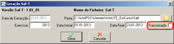 1.4. SAF-T Acedendo ao menu Utilitários-> SAF-T PT-> Gerar SAF-T PT permite numa janela de parametrização que o utilizador escolha em caixa de decisão se "Carrega Facturas/Recibo (FT/R) para SAF-T PT