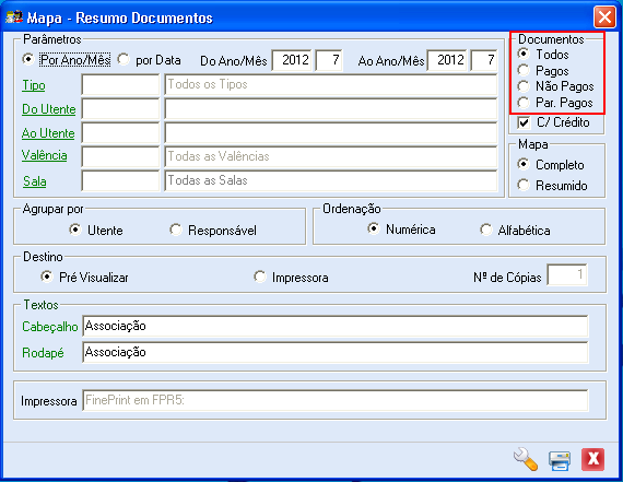 Neste mapa ( Movimentos-> Documentos-> Aviso para Pagamento ) devido à introdução do conceito de Fatura, quando optar por ver os documentos não pagos de utentes por Documento, poderá selecionar a