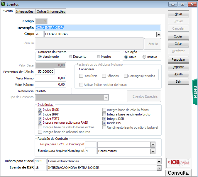 Quantidade de horas extras Verifique em Cadastros / Genéricos / Eventos, quais eventos pagos e descontados desta ficha financeira possuem a incidência Integra Remuneração para RAIS marcada.
