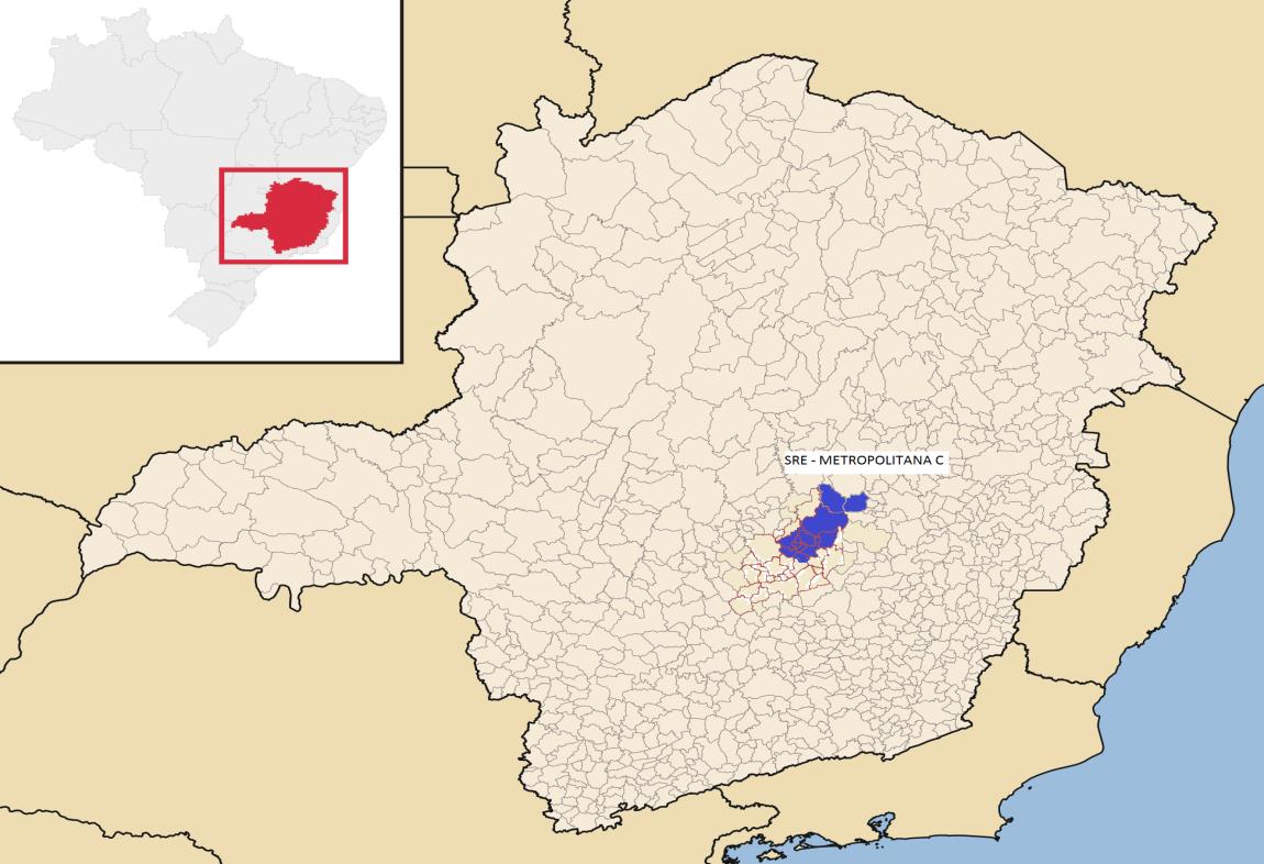37 Figura 14 - Mapa da região atendida pela SRE-Metropolitana C e sua localização no estado de Minas Gerais.