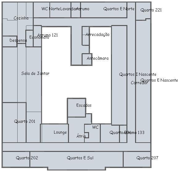 Fig. 1 Modelo geométrico, numa perspetiva axonométrica (Fonte: DesignBuilder) Os pisos do hotel são todos diferentes uns dos outros, principalmente o do R/C em relação aos outros dois.